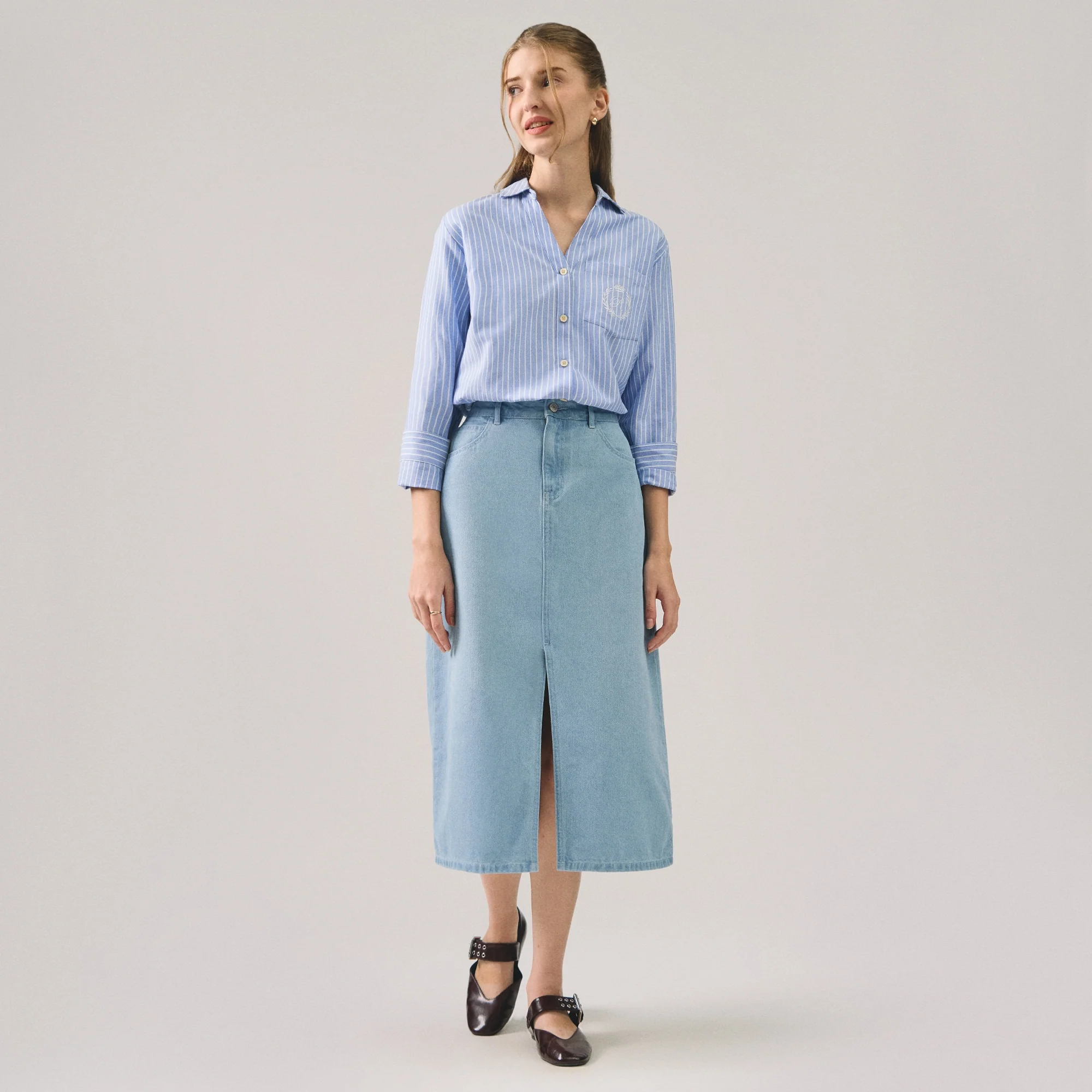 Midi Denim Skirt With Front Slit - Image 4