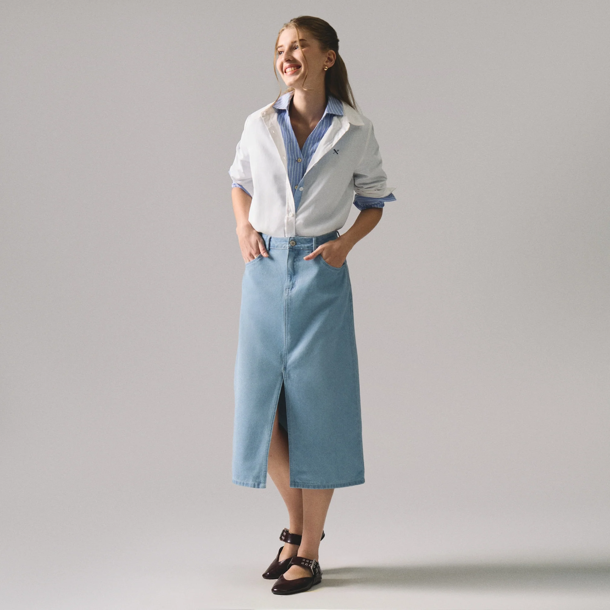 Midi Denim Skirt With Front Slit - Image 5