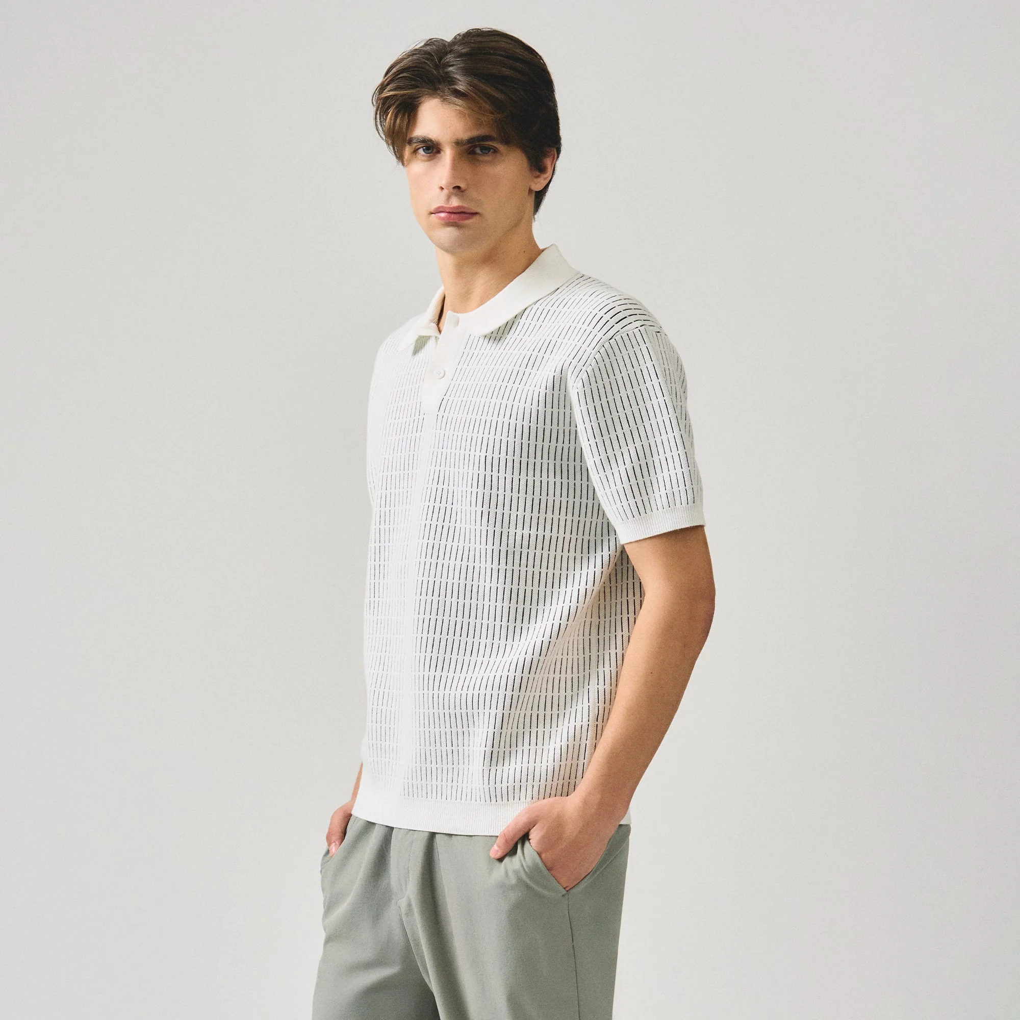 Regular Fit Polo Shirt With Contrast Jacquard Detail In Textured Knit - Image 3
