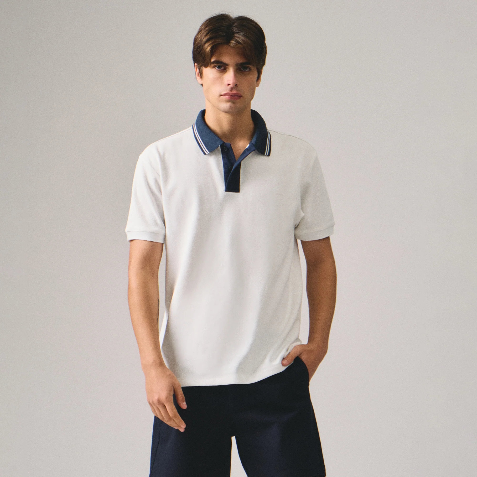 Regular Fit Polo Shirt With Contrast Placket & Collar In Honeycomb Pique