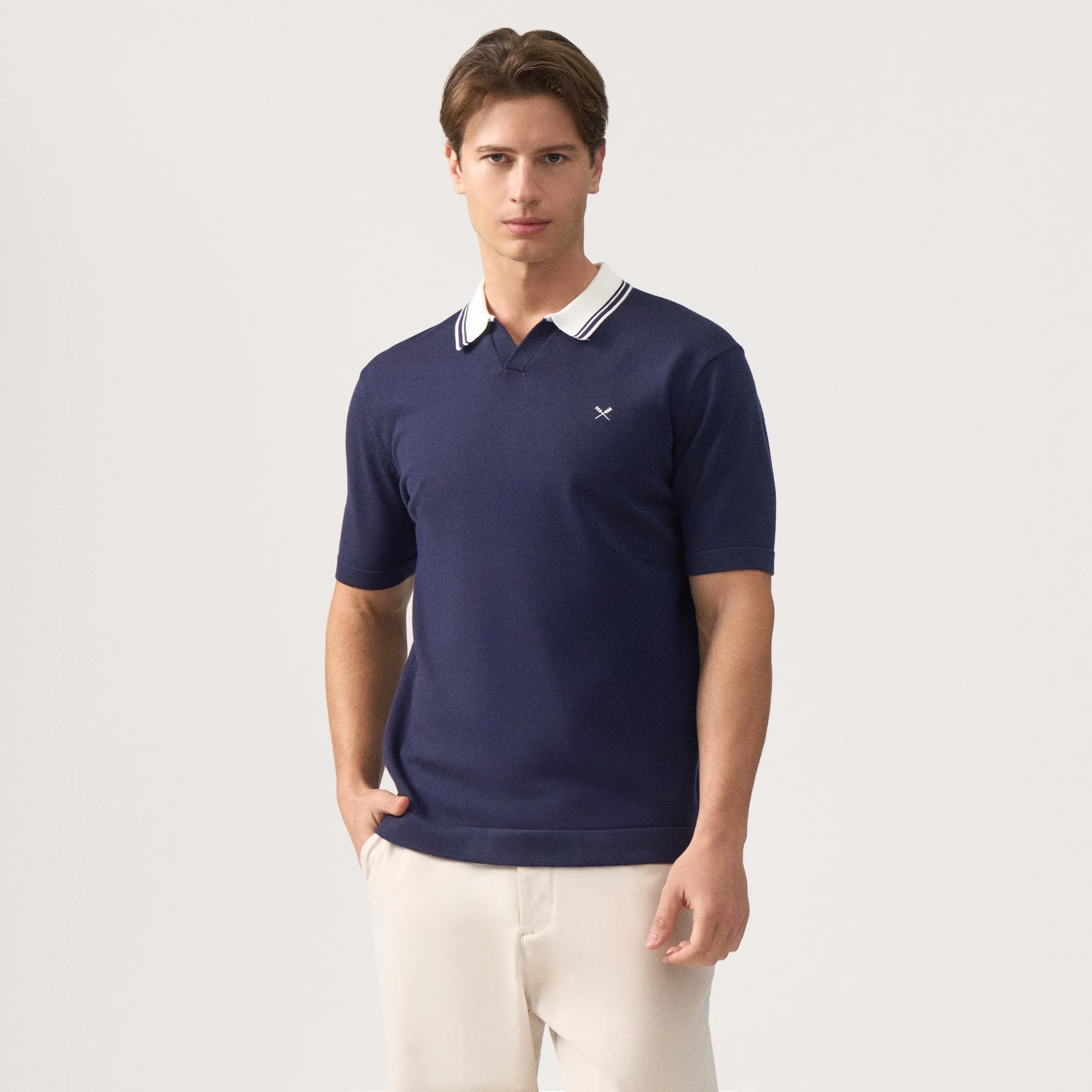 Regular Fit V-Placket Polo Shirt With Contrast Collar & Tipping In Textured Knit - Image 3