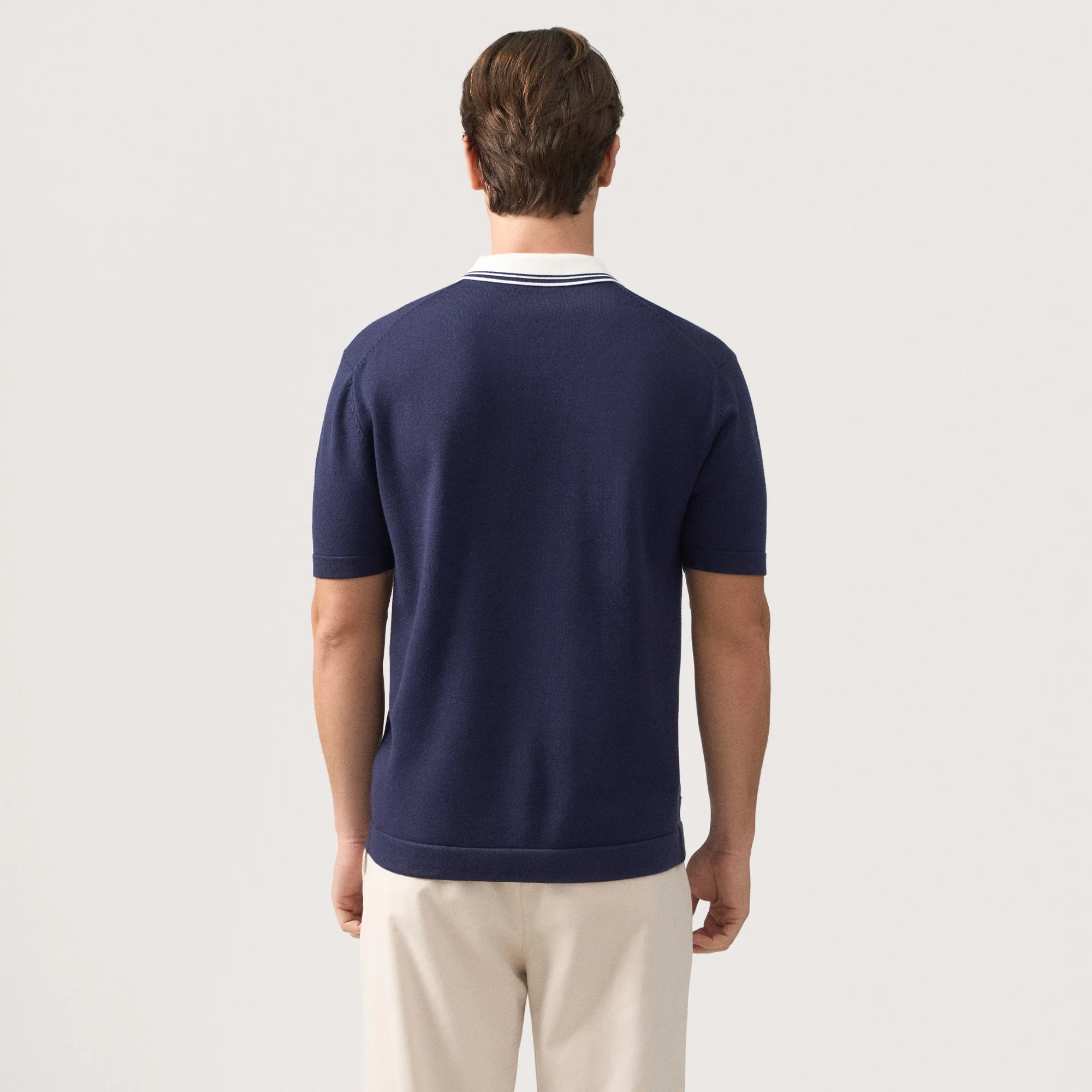 Regular Fit V-Placket Polo Shirt With Contrast Collar & Tipping In Textured Knit - Image 4