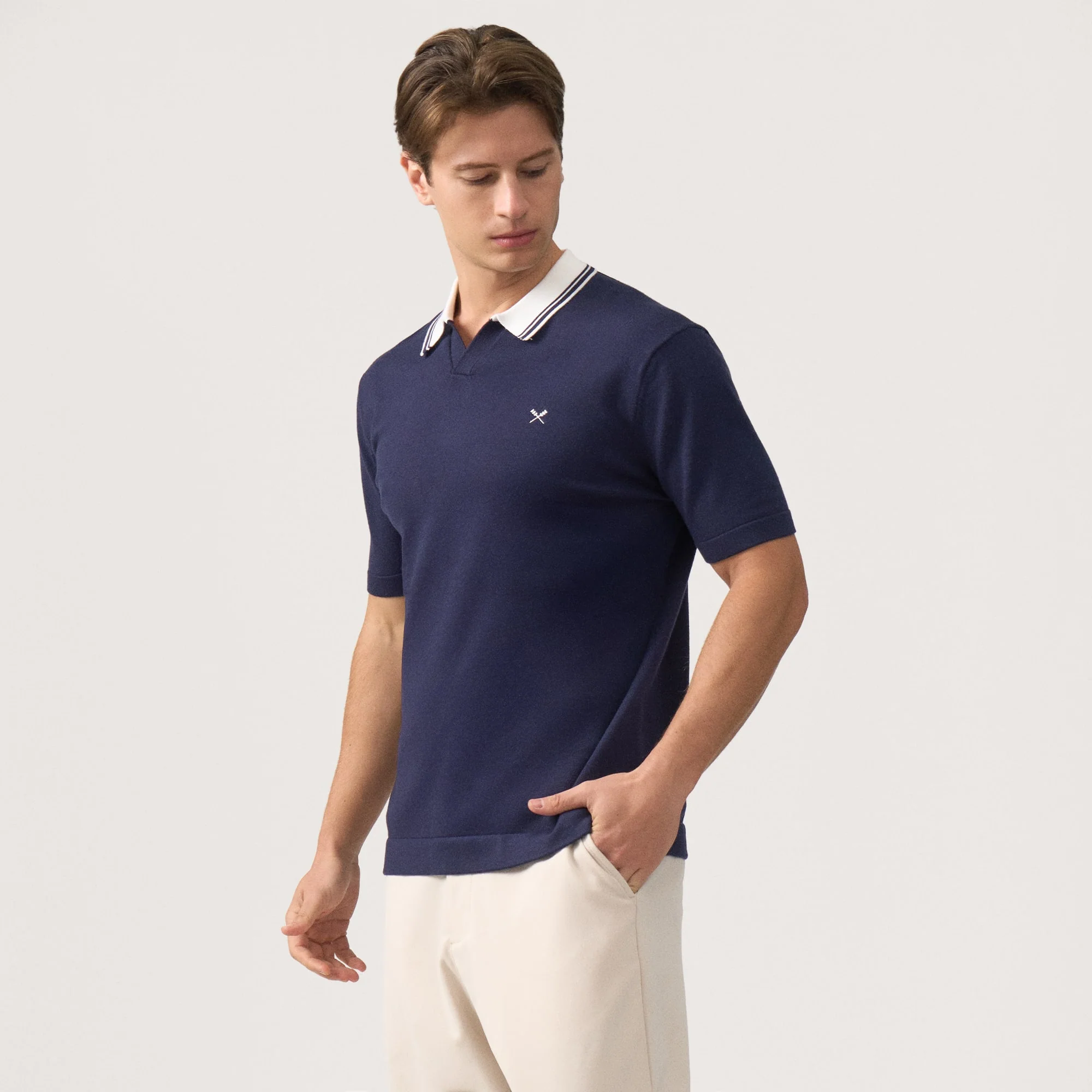 Regular Fit V-Placket Polo Shirt With Contrast Collar & Tipping In Textured Knit - Image 5