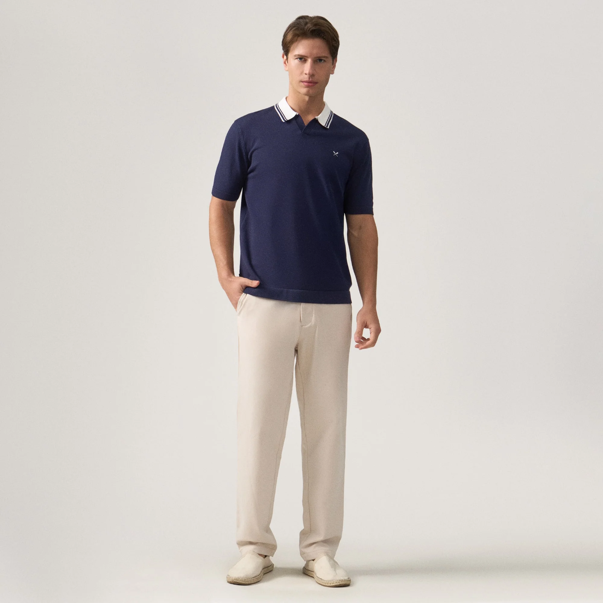 Regular Fit V-Placket Polo Shirt With Contrast Collar & Tipping In Textured Knit - Image 6