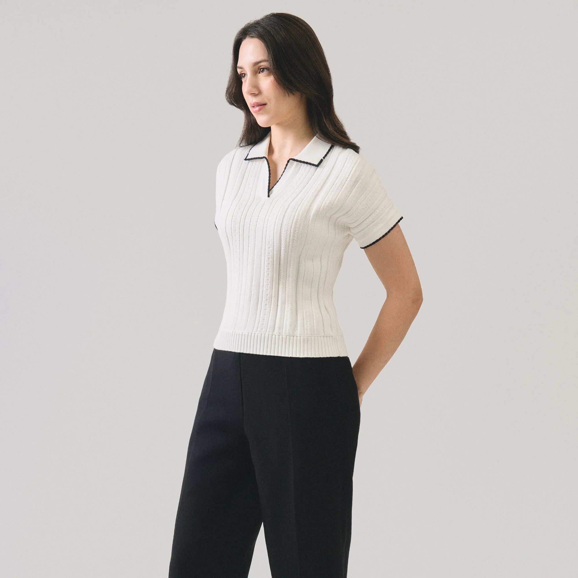 Textured Knit Polo With Scallop Detail - Image 3